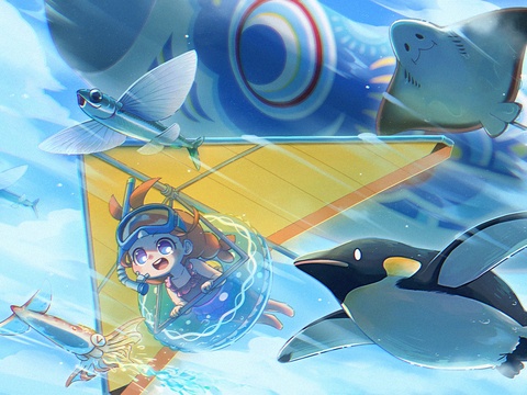 のんびりイラスト「空を泳ぐ」